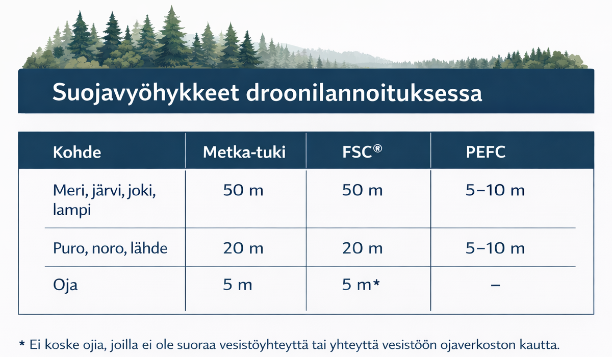 Infograafi droonilannoituksen suojavyöhykkeistä: kohteet, Metka-tuki, FSC®, PEFC.